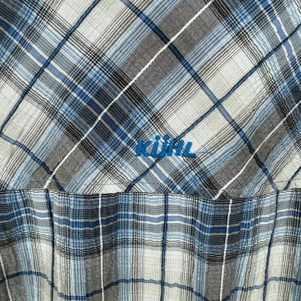 Kuhl Mens Large Blue Grey Plaid Short Sleeve Button Down Mountain Shirt Cotton - Picture 14 of 16